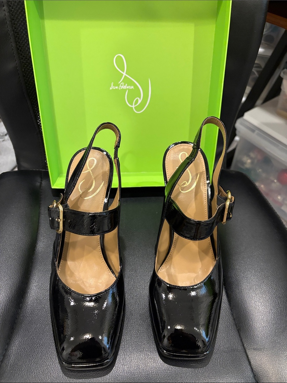 Sam Edelman Black Patent Mary Jane Slingback Heels with Gold Buckles